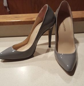 Grey patent pumps